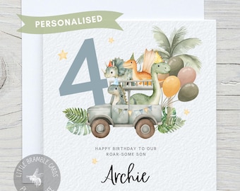 Tarjeta de cumpleaños personalizada para mi hijo de 4 años: Tema de dinosaurios