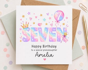 7th Birthday Card for Granddaughter, Personalised 7th Birthday Girl Card, Niece Daughter Grandchild, Pastel Rainbow Birthday