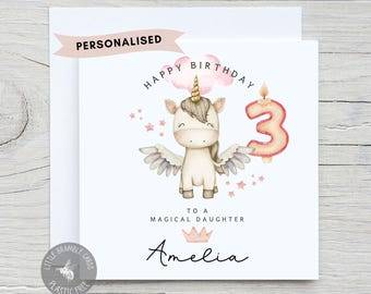 Personalized 3rd Birthday Card: Unicorn Girl Birthday