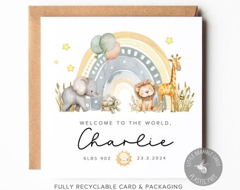 Personalised Rainbow Safari New Baby Card: Gender Neutral