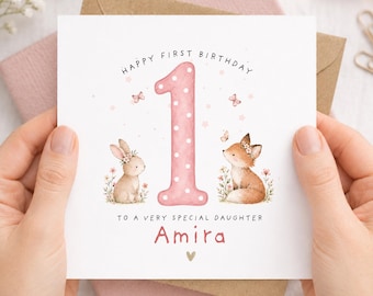 Personalised 1st Birthday Card for Daughter, First Birthday Card for Baby Girl, Woodland Bunny & Fox Birthday Card, 6x6 Keepsake