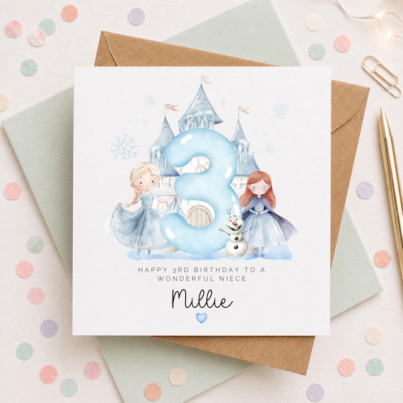 Personalised Frozen Princess 3rd Birthday Card; Card for Little Girl, Age 3 Birthday Card