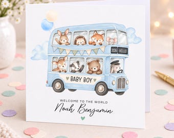 Personalised New Baby Boy Card, Baby Boy Welcome to the World Card, Woodland Animals Blue Bus, New Baby Son Grandson Nephew