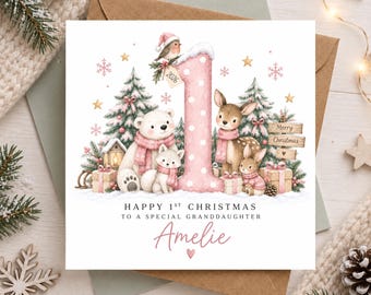 Personalised 1st Christmas Card for Granddaughter | Baby Girl First Christmas 2026 | Pink Winter Animals Christmas Card | 1st Xmas Card