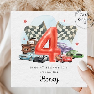 Racing Cars 4th Birthday Card, Card for 4 Year Old, Grandson- Son- Nephew- Brother- ANY NAME/TEXT