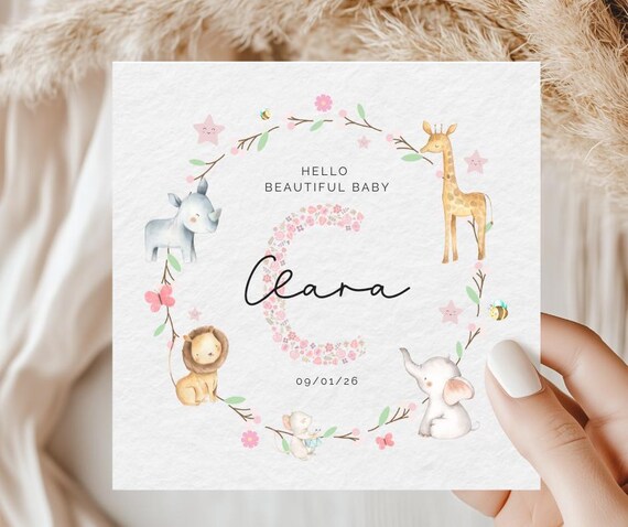 Personalised New Baby Girl Card: Safari Animal Theme with Name and Birth Date, Card for New Baby Girl