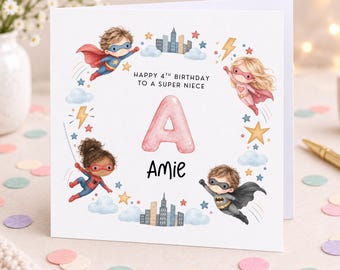 Personalised Superhero 4th Birthday Card for Girl, Hero Fan Birthday Card, 4th Birthday Girl Gift, Superhero Party, Girl Birthday