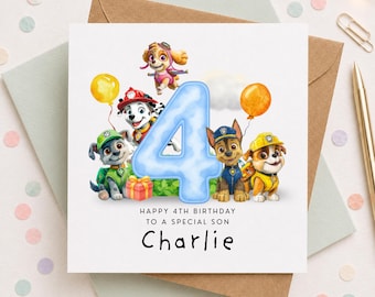 Paw Birthday Card for 4 Year Old, Grandson- Son- Nephew- Brother, Pup Party Inspired Birthday Card