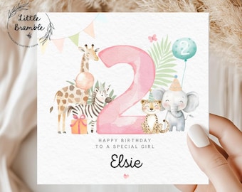 Personalised 2nd Birthday Card for Girl: Safari Animal Theme, Card for 2 year old, Niece, Daughter, Granddaughter