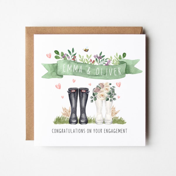 Personalised Engagement Card, Welly Boot Wedding, Newly Engaged Couple, Congratulations on Engagement, Card for Couple