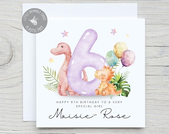 Personalized Dinosaur 6th Birthday Card: Girly Dinosaur Theme