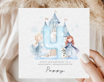 Cartão de aniversário personalizado da Princesa Frozen para o 4º aniversário: Cartão de aniversário para menina, Rainha da Neve
