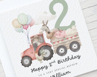Carte de 2e anniversaire de la ferme personnalisée : tracteur et animaux de la ferme, carte pour neveu/petit-fils/fils, carte d'anniversaire de 2 ans
