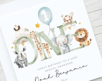 1st Birthday Card Personalised, Card for Grandson, Card for One Year Old, First Birthday Card, Card for Son, Nephew, Safari, Jungle, Lion