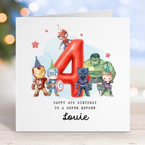 Cartão de aniversário de 4 anos, Cartão personalizado de super-herói, Tema dos Vingadores, Cartão para criança de 4 anos, Cartão para fã da Marvel imagem 5