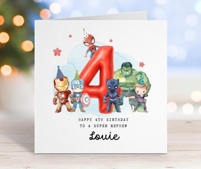 Cartão de aniversário de 4 anos, Cartão personalizado de super-herói, Tema dos Vingadores, Cartão para criança de 4 anos, Cartão para fã da Marvel imagem 5