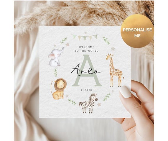 Personalised New Baby Boy Card: Safari Animal Theme, with Birth Date and Name