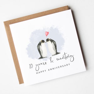 10 Year Anniversary Card - 10th Wedding Anniversary Card - Penguin Anniversary Card- Tin Anniversary - Penguins Card - Gift,