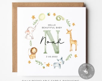 Personalised Baby Boy Card - Safari Animals - New Grandson - New Nephew- New Baby - New Parents - Safari Card, Baby Name Card