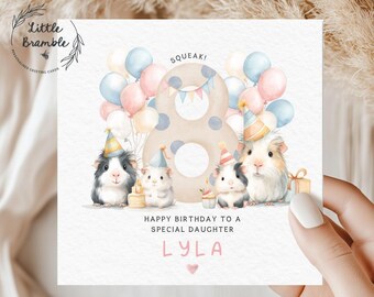 Personalisierte Karte zum 8. Geburtstag Mädchen | Meerschweinchen Geburtstagskarte Alter 8 | Niedliche Tier-Party-Karte | Tochter Enkelin Nichte Benutzerdefinierte Name UK