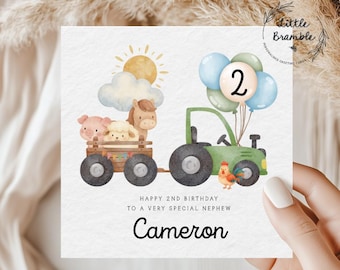 Tractor Birthday Card, Age 2 Birthday Card, Farm Animals and Tractor, ANY NAME, Card for 2 year old