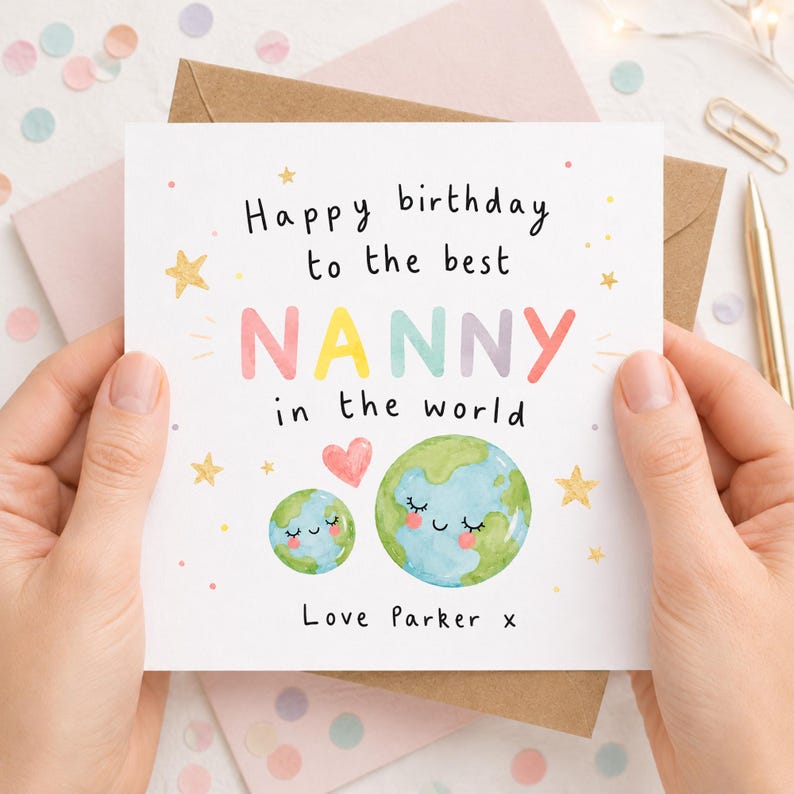 K&ouml;nnte beinhalten: Eine quadratische Gru&szlig;karte mit wei&szlig;em Hintergrund und dem Text Happy birthday to the best NANNY in the world in schwarzen und bunten Buchstaben. Unter dem Text befinden sich zwei l&auml;chelnde Erden, ein rosa Herz und goldene Sterne.
