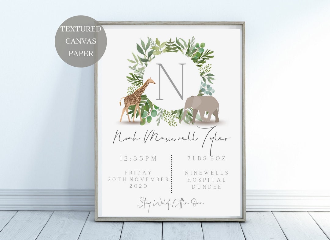 Birth Details Print / Safari Baby Details Print / Personalised Birth ...