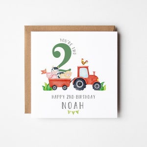 Personalised 2nd Birthday Card, Tractor and Farm Animal Children's Card, 2 Birthday, Card for Two Year Old - Tractor Lover - Son - Grandson