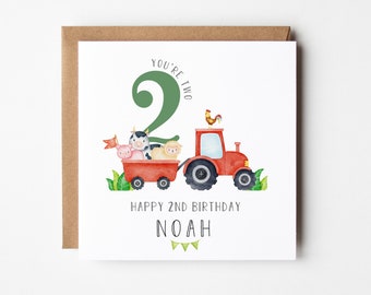 Personalised 2nd Birthday Card, Tractor and Farm Animal Children's Card, 2 Birthday, Card for Two Year Old - Tractor Lover - Son - Grandson
