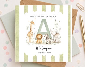 Personalised New Baby Boy Card: Safari Animal Theme, with Birth Date and Name
