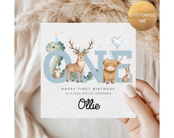 Carte d'anniversaire écossaise personnalisée pour le 1er anniversaire | Carte bébé garçon écossaise | Carte d'anniversaire vache des Highlands | Carte personnalisée avec prénom pour le premier anniversaire
