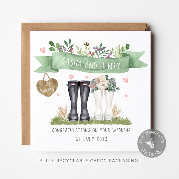 Personalised Wedding Card, Welly Boot Wedding, Congratulations Wedding Day, Newly Married, Card for Wedding Couple, Boho Just Married,