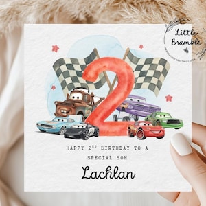 Tarjeta de segundo cumpleaños de Racing Cars, para niños de 2 años, nietos, hijos, sobrinos, hermanos. Cualquier nombre o texto. imagen 1