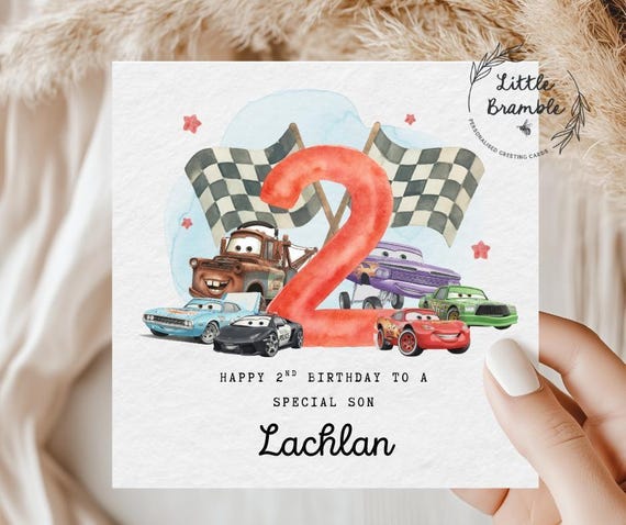 Racing Cars 2nd Birthday Card, Card for 2 Year Old, Grandson- Son- Nephew- Brother- ANY NAME/TEXT