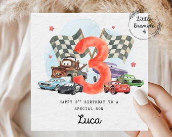 Racing Cars 3rd Birthday Card, Card for 3 Year Old, Grandson- Son- Nephew- Brother- ANY NAME/TEXT