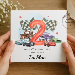 Tarjeta de segundo cumpleaños de Racing Cars, para niños de 2 años, nietos, hijos, sobrinos, hermanos. Cualquier nombre o texto. imagen 2