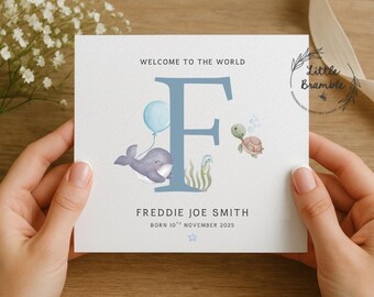 Personalised Baby Boy Card | Ocean Theme, Custom Initial Card, Nautical New Baby Card, Sea Life Design for Baby Shower or Birthday