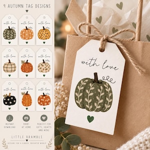 May include: A collection of nine rectangular gift tags featuring autumn pumpkin illustrations and the text with love. Each tag displays a unique pumpkin design in shades of green, orange, and cream, accented with small hearts and botanical patterns.