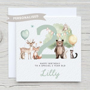 Tarjeta de cumpleaños personalizada para el segundo cumpleaños: Animales del bosque