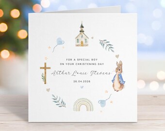 Tarjeta de bautizo de Peter Rabbit, tarjeta personalizada para bebé niño, nombre personalizado