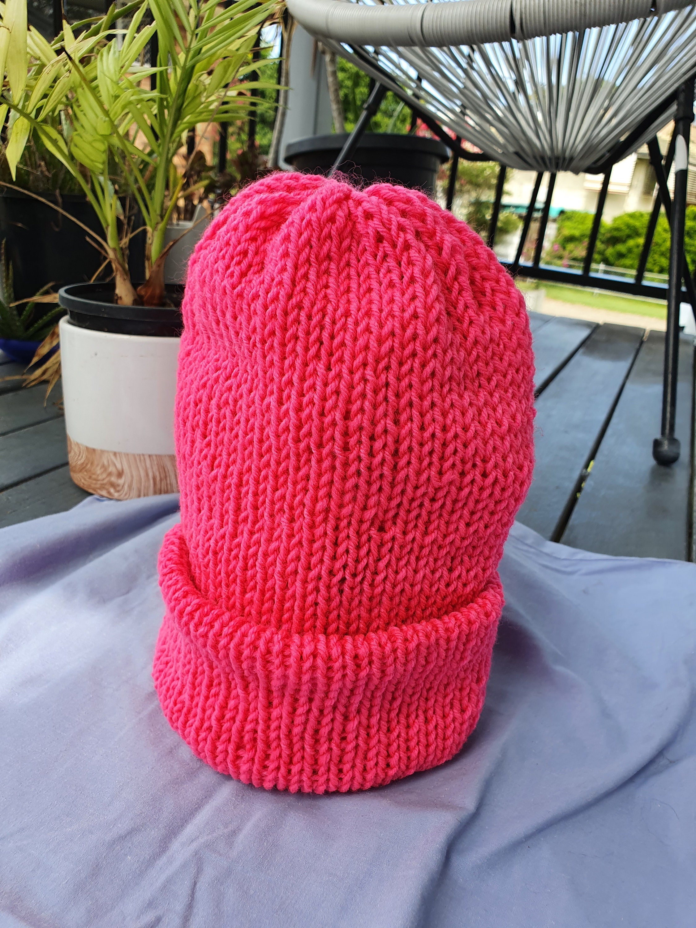 Homemade Hot Pink Knitted Beanie - Etsy 