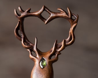 Hand Carved Walnut Deer Hair Stick – Peridot Crystal Antler Hair Fork