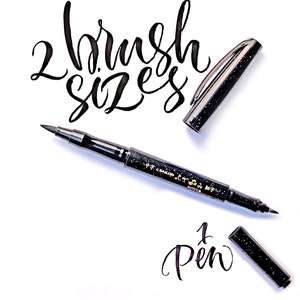 May include: Two black brush pens with gold lettering. The pen on the left has two brush tips, one fine and one broad. The pen on the right has a single brush tip. The text "2 brush sizes" and "1 pen" is written in black ink on a white background.