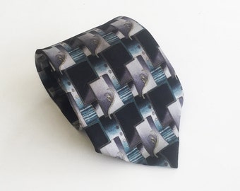 Pierre Cardin tie, men's designer tie, silk luxury men's tie, awesome tie, cool tie with geometric figures in black and blue-green