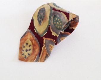 Bill Blass tie: Silk luxury men's tie, men's designer tie high end tie with design of abstract fruits on burgundy background