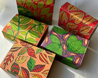 Hand-Painted Floral Gift Box: Brown Cardboard Keepsake Box with Fall Leaves