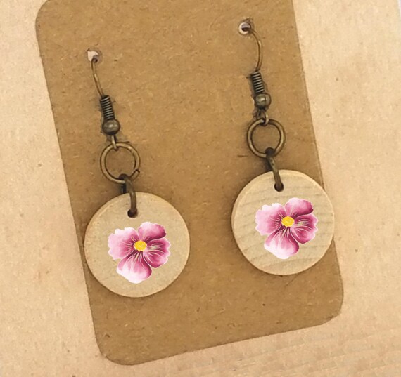 Pink Flower Earrings Pink Watercolor Earrings Pink Flower Wood Etsy