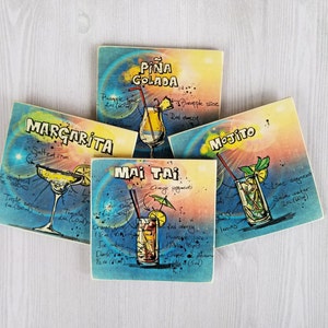 Cocktail Drink Recipes Wood Coasters Beverage Coasters for Drinks Custom Photo Coasters  Housewarming Gift Bar Decor Set of 4 Handmade