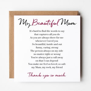 Thank you Mum, Mum Thank you, Thank you card, For mum, Card for Mum, Beautiful Mum, Add a Personalised message inside, SPG0010