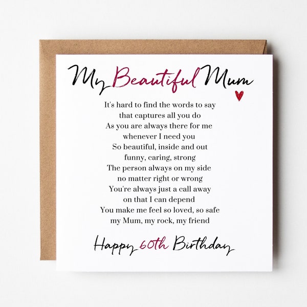 60th Birthday Card for Mum, Mum 60th Card, Happy Birthday Mum, Sixty, Beautiful Mum, Add a Personalised message inside, SPG0004
